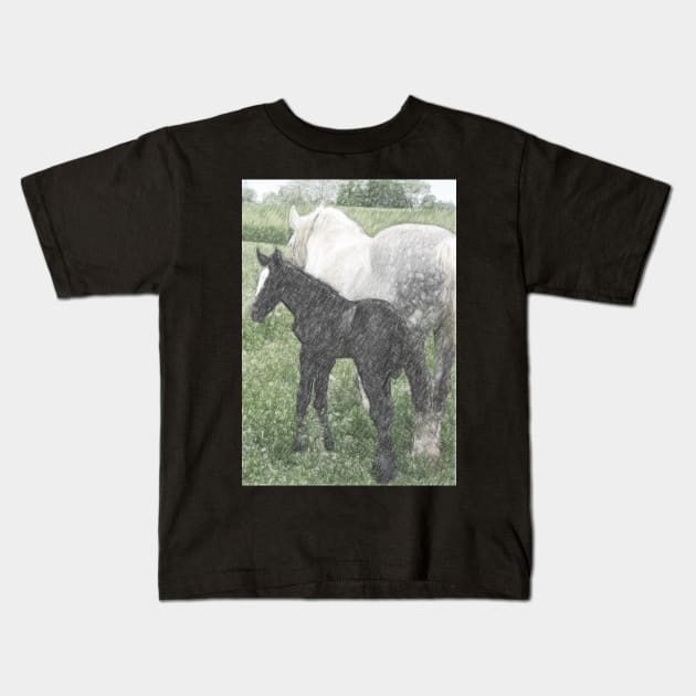 Percheron Colt And Mare In Pasture Digital Art Kids T-Shirt by ConniSchaf